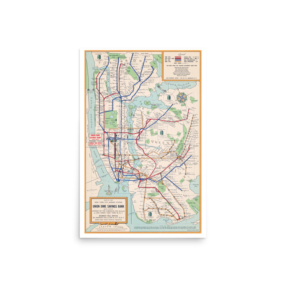 Vintage Map – Union Dime Savings Bank New York Subway System (1954)