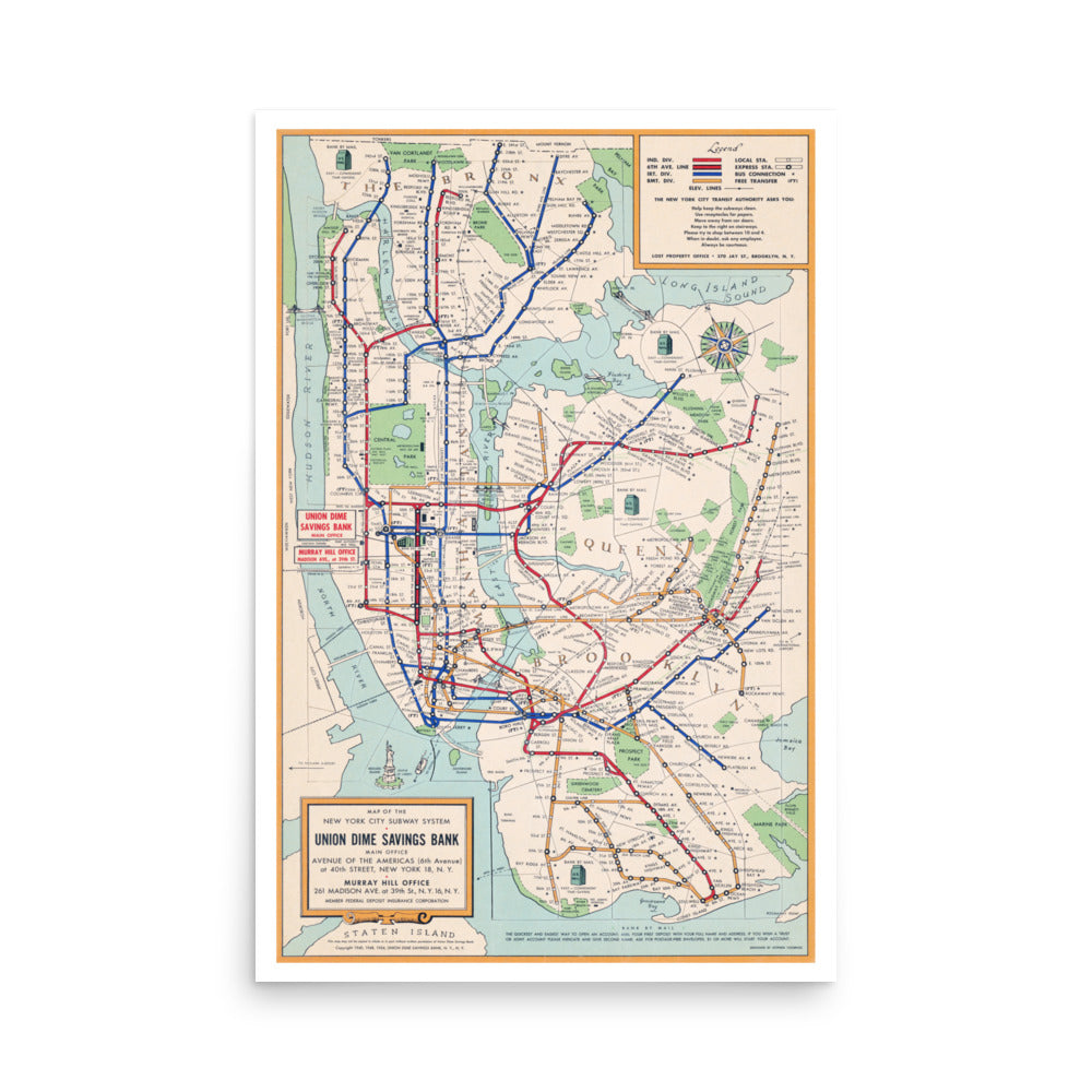 Vintage Map – Union Dime Savings Bank New York Subway System (1954)