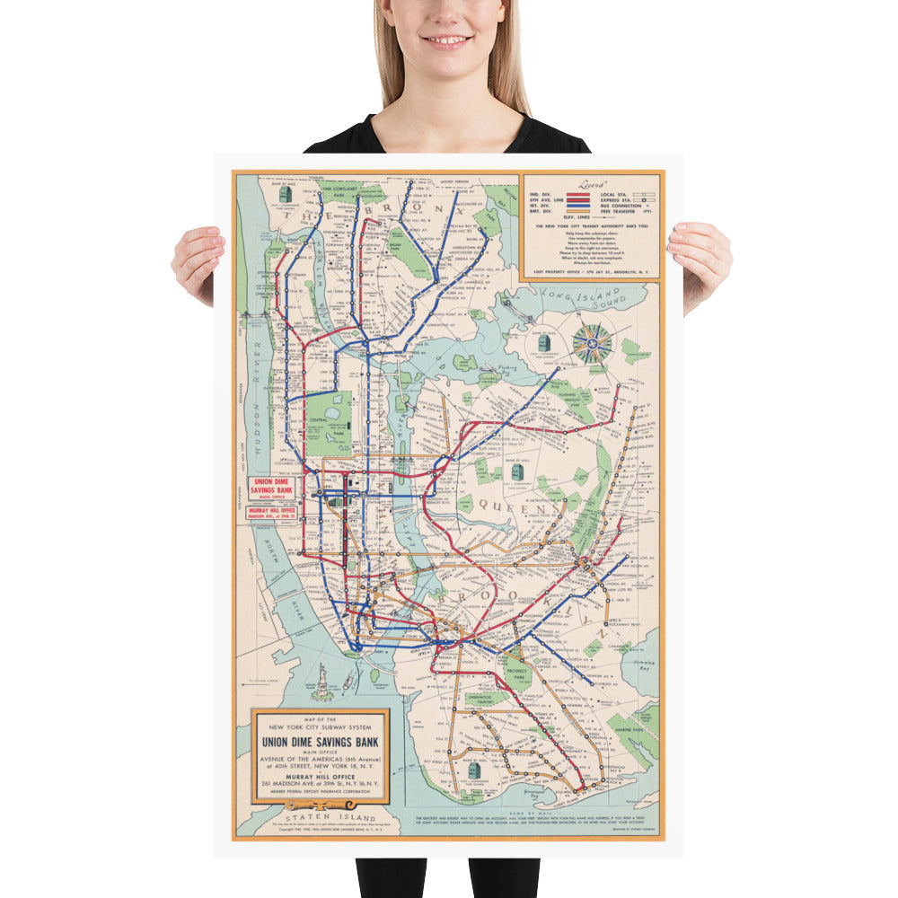 Vintage Map – Union Dime Savings Bank New York Subway System (1954)