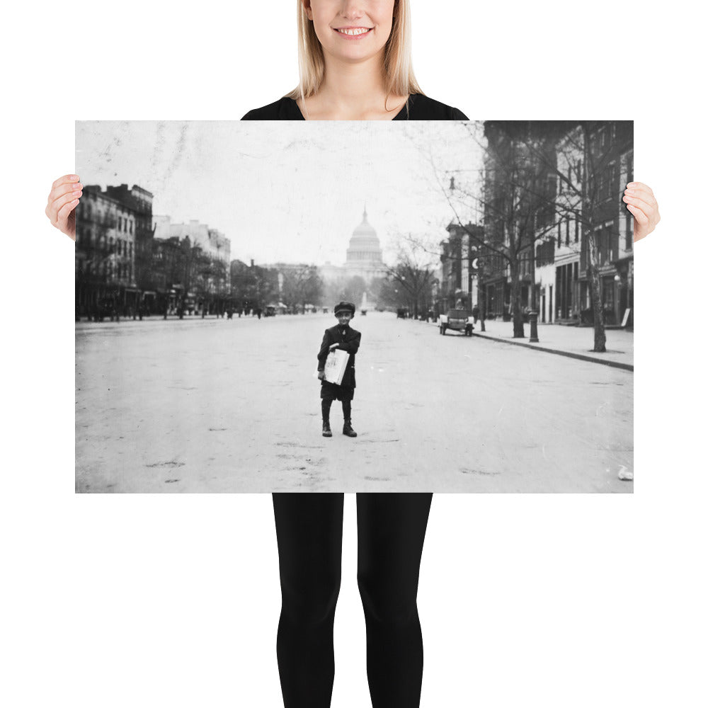 Photo paper poster – 7 yr. old news-boy – Vintage photo by Lewis Hine (1912)